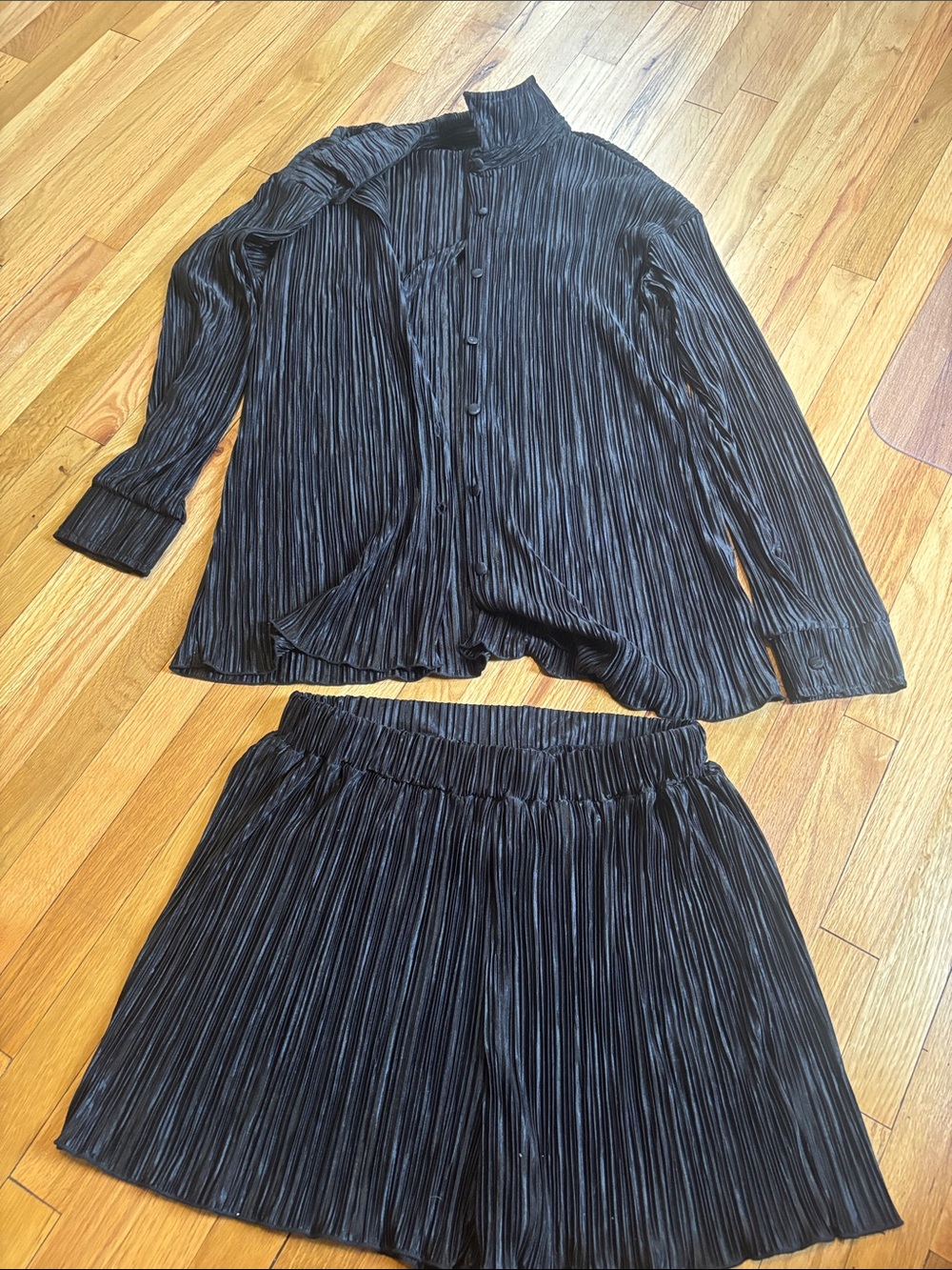 Pleated Two-Piece Set — Black with Subtle Sheen